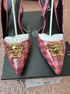 Versace Authentic Logo Women US 7/37.5 Pink Palazzo Medusa Patent Pointed Pump - Picture 1 of 12