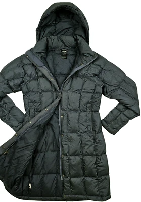 *HOT Women's THE NORTH FACE @ 600 QUILTED HOOD DOWN PUFFER LONG NAVY GRAY Coat S - Image 1 of 4