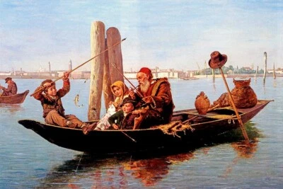 FISHING OFF SAN MARCO VENICE KIDS ITALY PAINTING BY ANTONIO PAOLETTI REPRO - Image 1 of 3