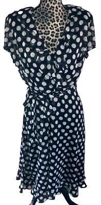 dress barn dress 12 Black White Polka Dots midi Slip Ruffle Chest Retro 50s - Image 1 of 4