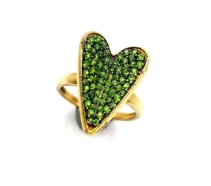 Gold Over 925 Sterling Silver Green Chrome Diopside Heart Pave Ring Size 7.5 - Picture 1 of 8