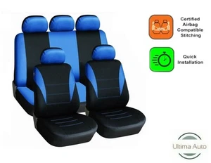 9 PCS FULL BLUE-BLACK FABRIC CAR SEAT COVERS SET FOR OPEL - Picture 1 of 6