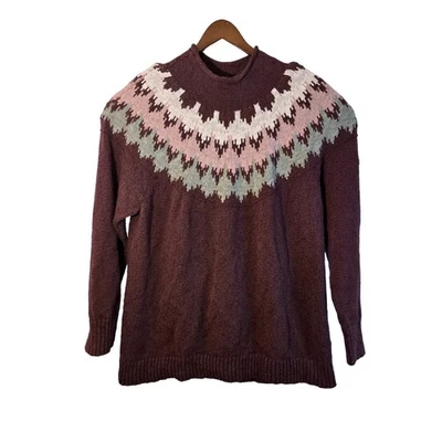 LL Bean Womens 3X Plus Burgundy Fair Isle Mock Neck Cotton Sweater - Image 1 of 4
