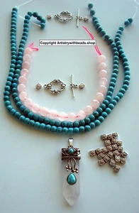 55mm Rose quartz point pend Necklace & Bracelet chalk turquoise, silv plt Kit016 - Picture 1 of 4
