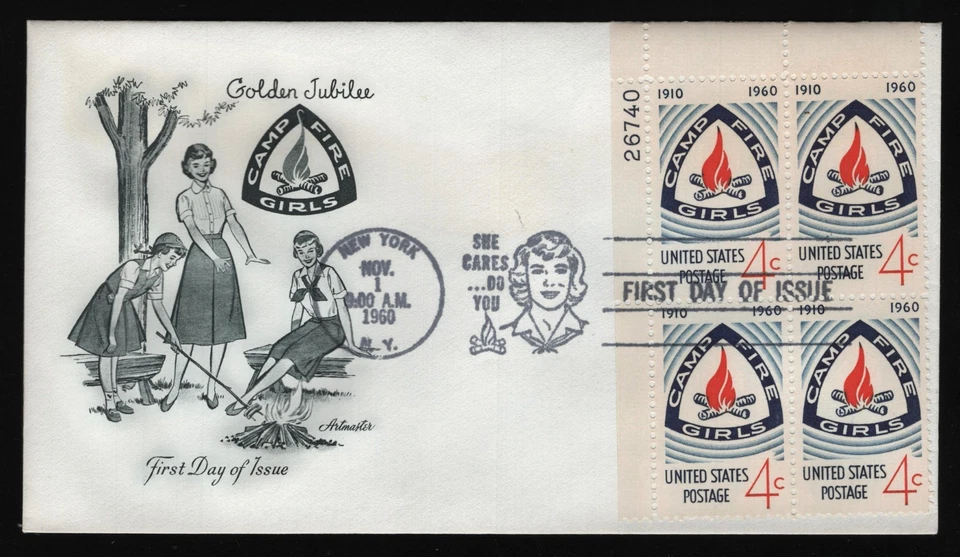 #1167 4c Camp Fire Girls-Plate Block, Artmaster [2] **ANY 5=FREE SHIPPING** - Image 1 of 1