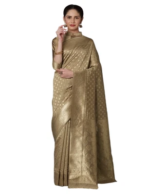Beige Kanjeevaram Silk Blend Saree with Woven Design Border - Image 1 of 4