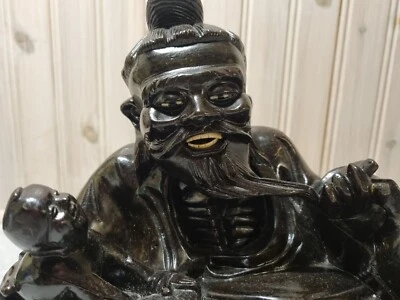 Antique Oriental Carved Wood Seated Figure Fisherman Child on Base -Inlaid Teeth - Image 1 of 4