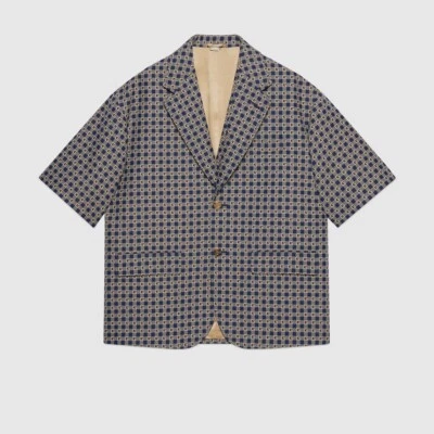 size 50 L Gucci Square G Check Fabric Formal Jacket Blue Beige Short Sleeve - Image 1 of 4