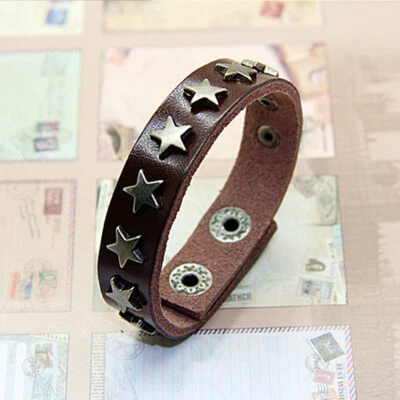 Pulseira de couro punk hip hop masculina estrela espinhos rebite gótico pulseira larga cravejada - Imagem 1 de 4