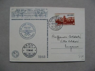 SWITZERLAND, PPC 1943, stamp Pro Aero FDC, canc. 30 years Alpenflug Oskar Biden - Image 1 of 2