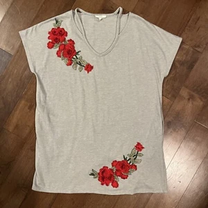 Staffelei Träger V-Ausschnitt Blumen Tunika Top Damen L grau mit roten Rosen Taschen - Bild 1 von 11