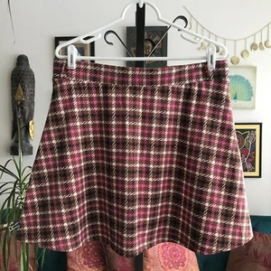 MADDEN NYC size XL Brown Pink & Cream Houndstooth Plaid A-Line Mini Skirt - Picture 1 of 4