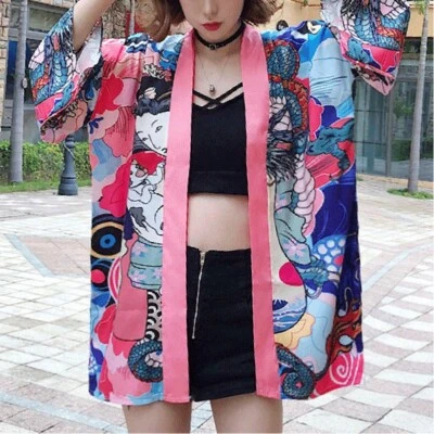 女式宽袖和服夹克宽松浴衣开衫上衣衬衫 YM0 — 第 1/4 张图片