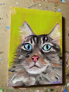 Original Katze Portrait Gemälde Öl auf Leinwand klein 7 x 5 cm Impressionismus  - Bild 1 von 6