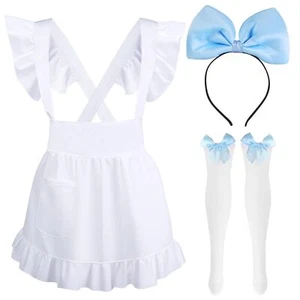 3 Pcs Ruffled White Adjustable Apron Costume Bow Headband High Thigh Socks Se... - Picture 1 of 6