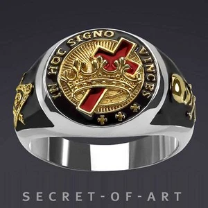 Knights Templar In hoc signo Masonic ring 925 Silver Freemasonry 18K-Gold-Plated - Picture 1 of 13