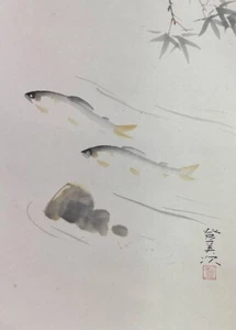 PINTURA JAPONESA ROLLO COLGANTE Bambú Hierba Sweetfish Peces de río AYU 377r - Imagen 1 de 11
