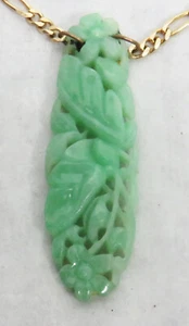 WONDERFUL ANTIQUE CARVED GREEN JADE PENDANT & 14K GOLD 20" CHAIN - Picture 1 of 4