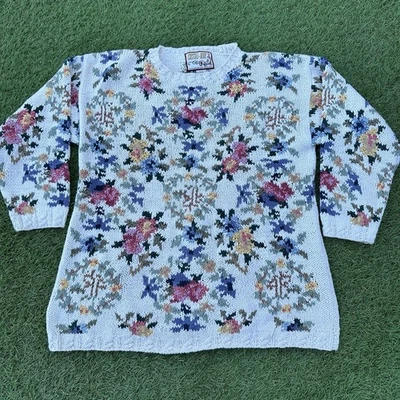 Vintage Crystal Kobe Women's L Chunky Knit Floral Sweater Grannycore Cottage - Image 1 of 4