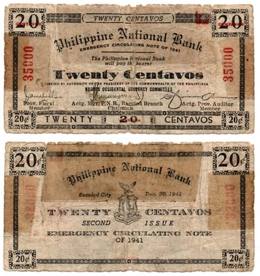 1941 Philippines Province Of Negros Occidental S622b 20 Centavos Rare #35000 - Image 1 of 4