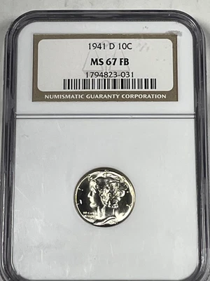 1941-D Mercury Dime : NGC MS67FB Blazing White - Image 1 of 4