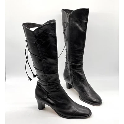 TARYN ROSE Legand Napa Leather Knee High Boot Womens 8.5 Black Lace up Heeled - Image 1 of 4