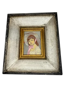 Vintage Framed Small Portrait Victorian Girl Tapestry Pink Regency - Picture 1 of 12