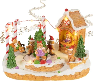 Animiertes Lebkuchen Weihnachtsdorf rotierend Eislaufen LED Musik Deko - Bild 1 von 11