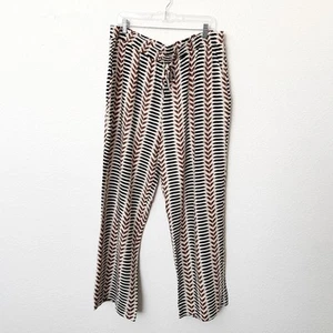 Primark Size XL Geometric Brown Black Wide Leg Linen Blend Pants Elastic Waist - Picture 1 of 11