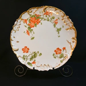Limoges T&V Cabinet Plate 12.5" Painted Nasturtiums Orange Green Gold 1907-1919 - Picture 1 of 12