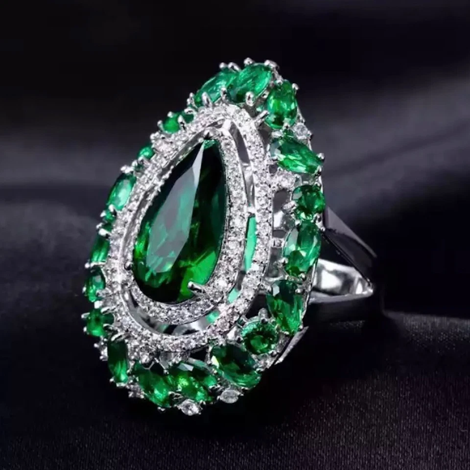 Hermoso anillo grande esmeralda verde enchapado en oro blanco de 18k creado en laboratorio joyería regalo Foto 1 de 4