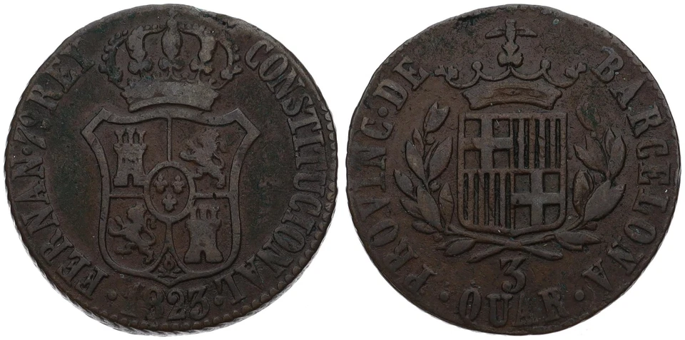 España - Barcelona 3 Cuartos, 1823 Cobre, 7,41g, Ø 25mm Km#80 Foto 1 de 1