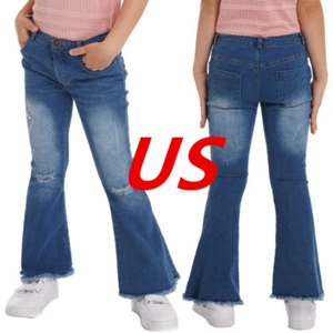 Kids Girls Flared Jeans Denim Pants Casual Ripped Distressed Bell Trousers - Picture 1 of 14