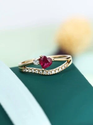 2Ct Heart Cut Simulated Pink Ruby 925 Silver Band Ring In 14k Yellow Gold Plated - Image 1 of 4