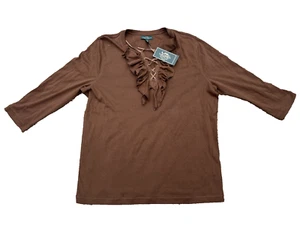 Ralph Lauren Polo Jeans Co. Women's Brown Ruffled Collar Long Sleeve Shirt 2X - Picture 1 of 5