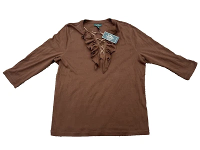 Ralph Lauren Polo Jeans Co. Para Mujer Marrón Cuello con Volantes Camisa Manga Larga 2X Foto 1 de 4