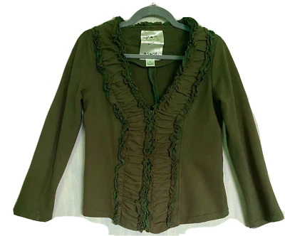NICK AND MO Anthropologie Zip Up Cotton Sweater Jacket w Ruffles Olive Green S - Image 1 of 4