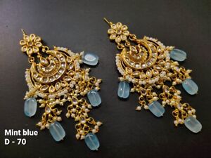 Gold Plated Indian Bollywood Jewelry Chandbali Designer Mint Blue Earrings Set