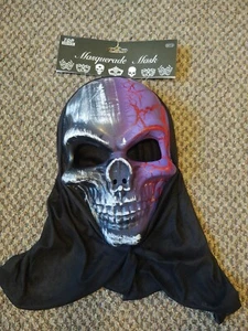 Top Grade Hard Plastic Horror Skeleton Masquerade Mask Fabric Hood Halloween - Picture 1 of 3