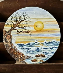 NEW Original Watercolor 10" Round Ocean Painting 'Old Tree & The Sea' - Picture 1 of 6