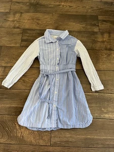 Zara Girls Contrasting Striped Poplin Shirt Dress Blue White Size 8 Cotton Tie - Picture 1 of 6
