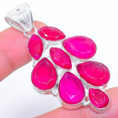 Red Simulated Gemstone Handmade 925 Sterling Silver Jewelry Pendant 2.2" - Image 1 of 4