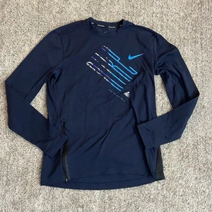 Nike Mens Running Shirt Medium Blue Long Sleeve Logo Zipper Thumb Holes Pullover - Picture 1 of 9