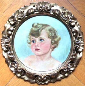 Kleines Ölgemälde Kinderportrait in rundem, holzgeschnitztem Rahmen, ca. 1930 - Picture 1 of 4