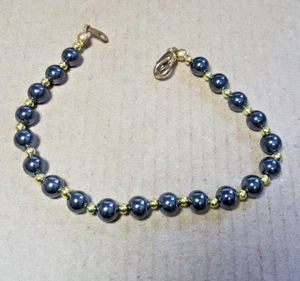 Vintage Artisan Crafted Polished Hematite Bead Gold tone Bead Bracelet Fashion - Picture 1 of 6