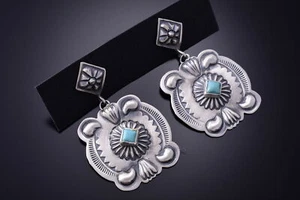 Silver & Turquoise Navajo Concho Earrings by Terry Charlie 3J22O - Picture 1 of 6