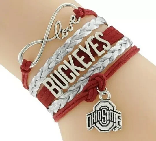 Handmade Love Ohio State Buckeyes Logo Football Charm Bracelet Braided Leather - Image 1 of 1