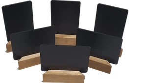 A6 size -chalkboards -blackboards + triangular shaped stained wooden base + pen  - Picture 1 of 10