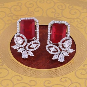 9 Ct Emerald Cut Lab-Created Red Garnet Cluster Halo Stud Earrings In 925 Silver - Picture 1 of 9