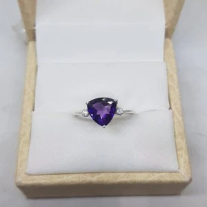 10k White Gold Natural Purple Amethyst and Diamonds Solitaire Women Promise Ring - Picture 1 of 8